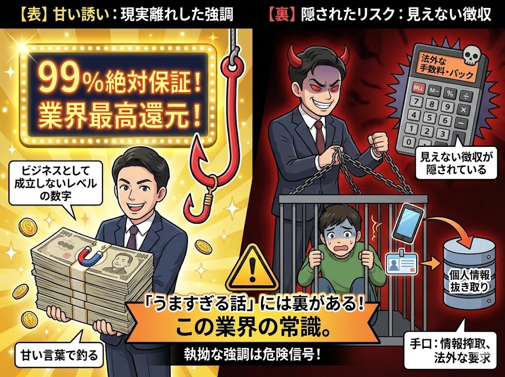 換金率〇%保証を強調しすぎている