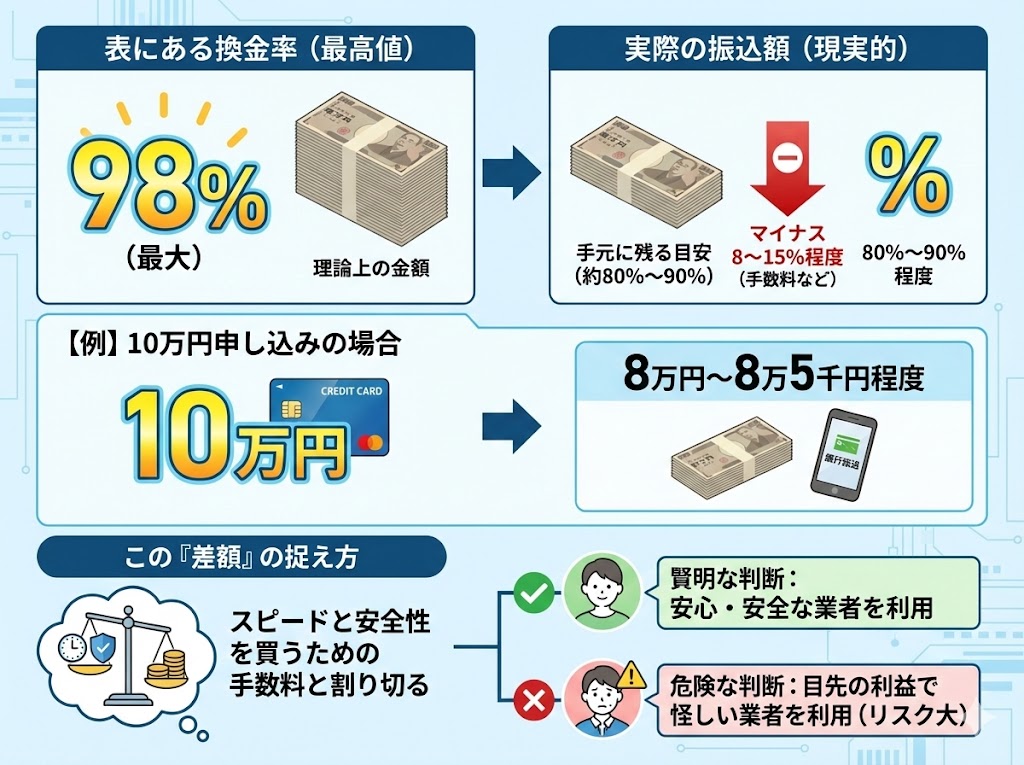 換金率と実質振込額の違いの図解