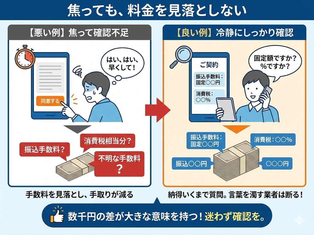 焦って申し込むと手数料を見落とす図解